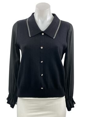 J.ING Women's Black Mesh Long Sleeve Collared Button Up Cardigan Sweater Size OS